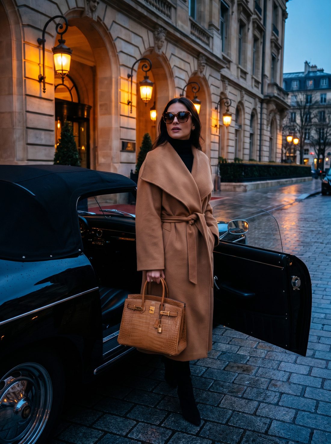 Camel wrap coat with a vintage crocodile handbag